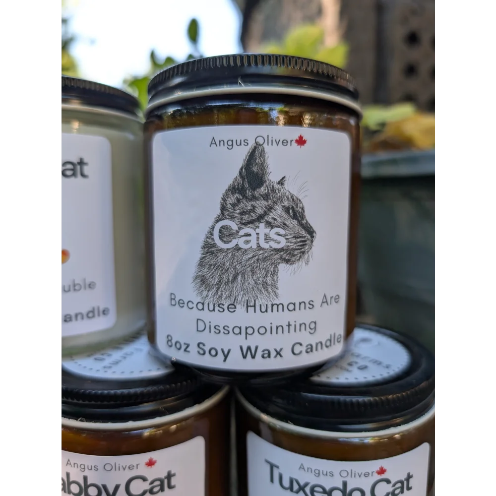 Angus Oliver disappointing candle with tuxedo cat label