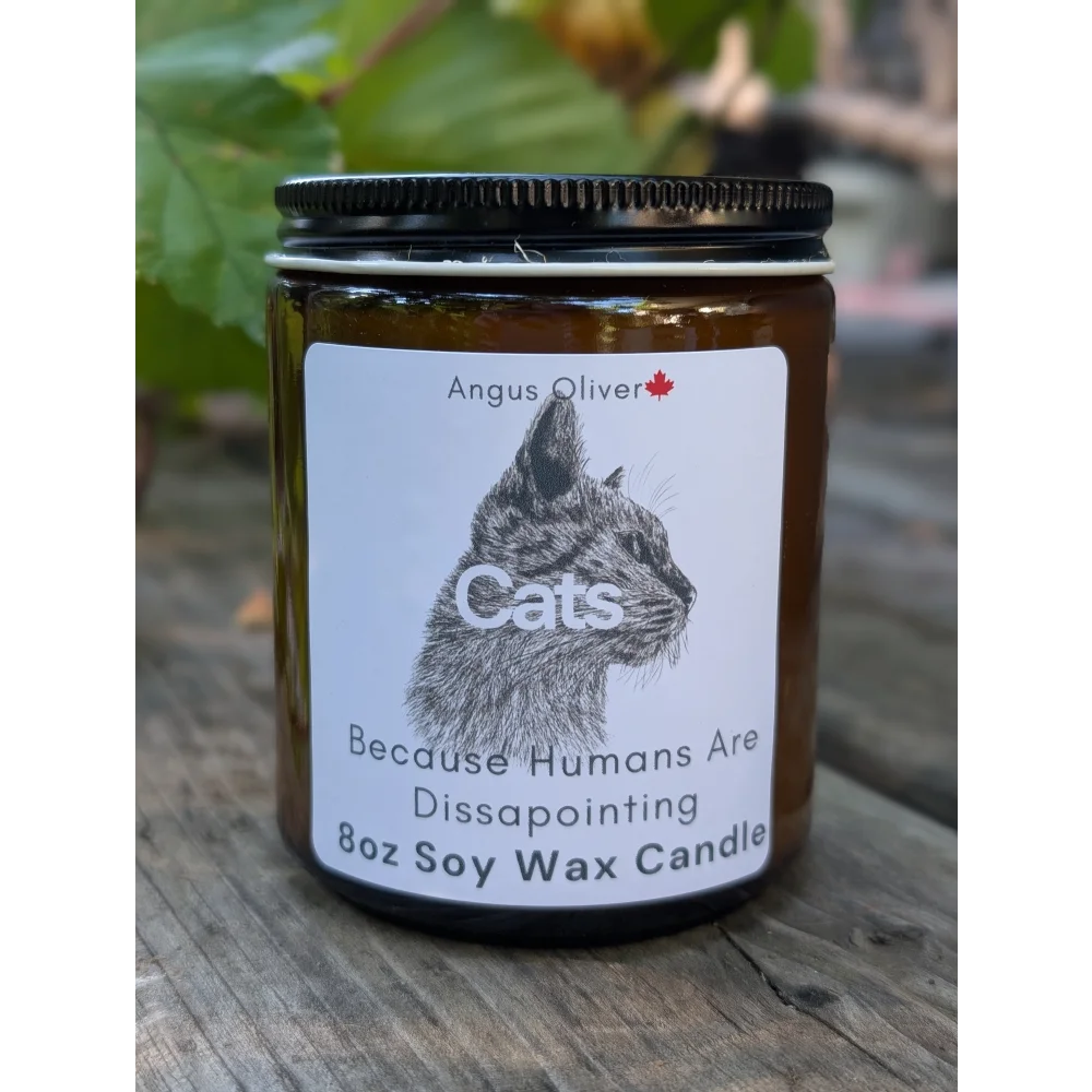 8oz soy wax disappointing candle with cat illustration by Angus Oliver