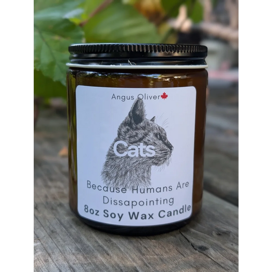 8oz soy wax disappointing candle with cat illustration by Angus Oliver