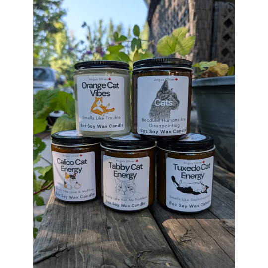 8 oz soy wax cat candles in scents, Angus Oliver disappointing design