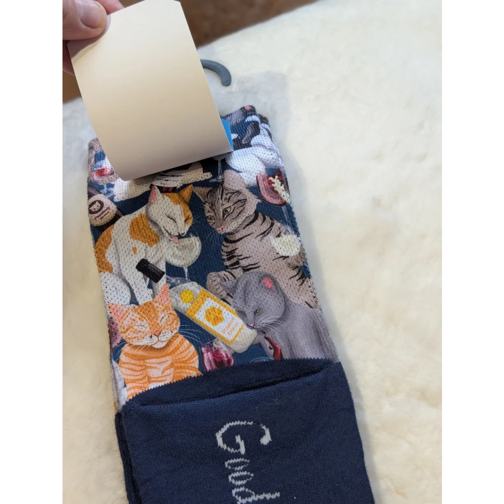 Cat-themed Good Luck Socks with good text on navy cotton