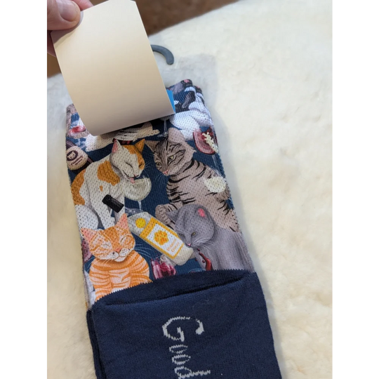 Cat-themed Good Luck Socks with good text on navy cotton
