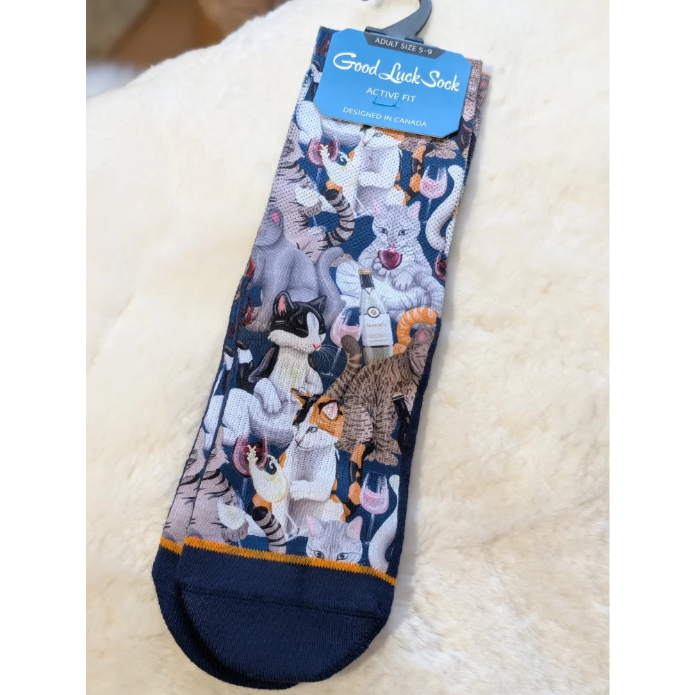 Whimsical Cats With Wine Good Luck Socks for men, vibrant woodland design