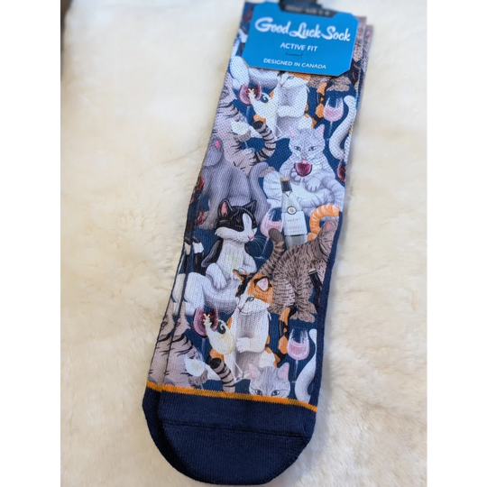 Cats With Wine Good Luck Socks cartoon cat design navy blue