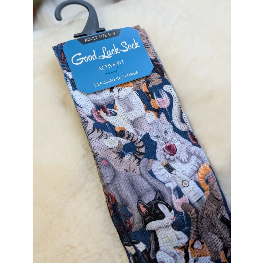 Good Luck Socks cats with wine design, blue white active fit size 5-9
