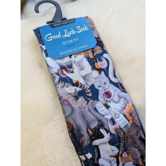 Good Luck Socks cats with wine design, blue white active fit size 5-9