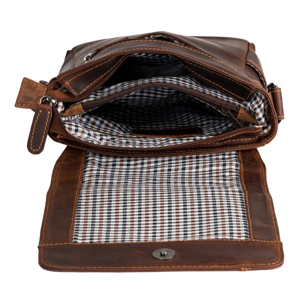 Henry unisex genuine leather mini messenger bag with brown exterior and checkered lining