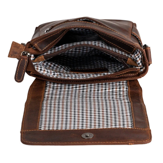 Henry unisex genuine leather mini messenger bag with brown exterior and checkered lining