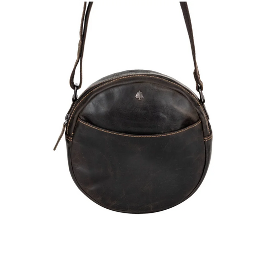 Sandy leather shoulder bag with tree emblem and zipper compartment