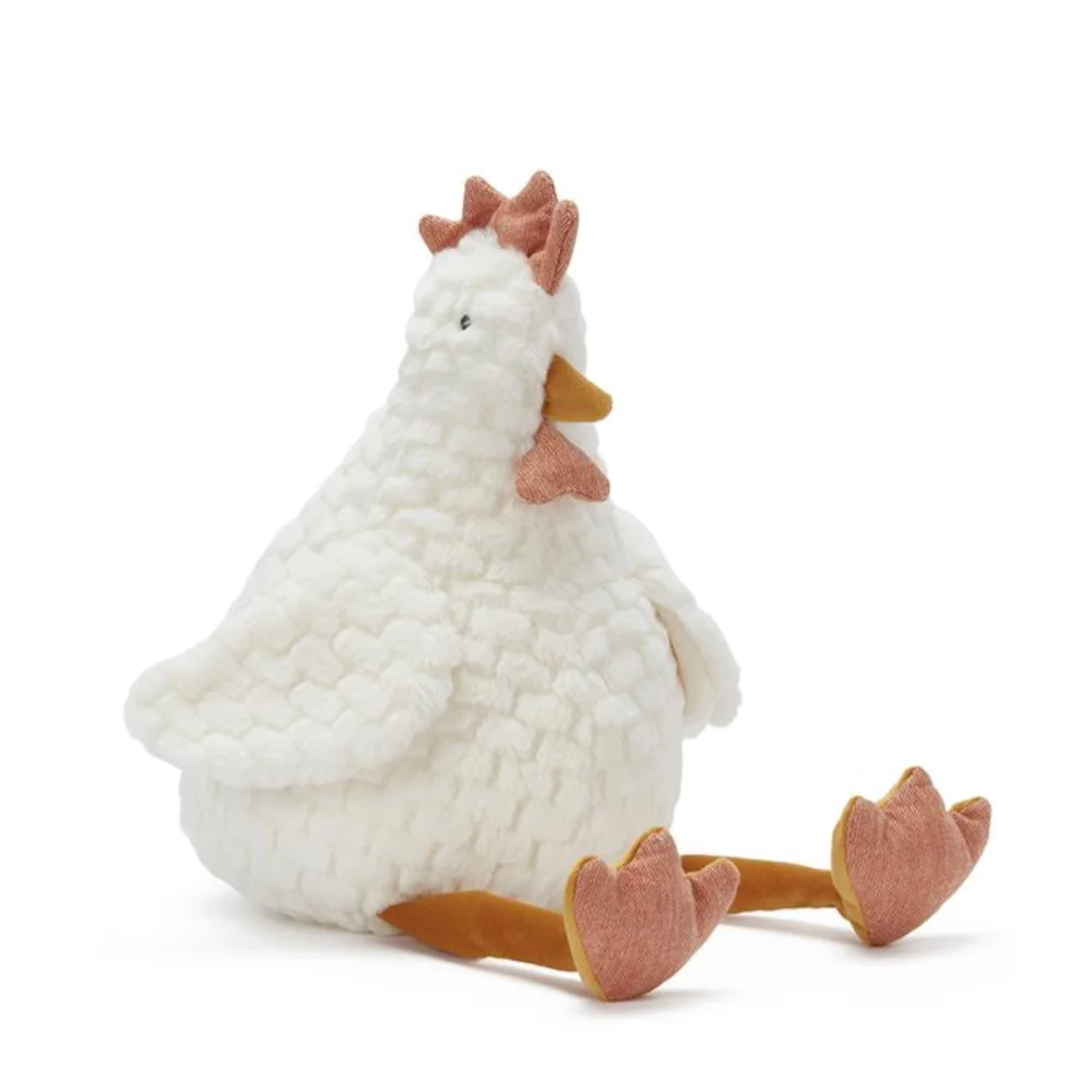 Angus Oliver white plush Charlie The Chicken toy with sheepskin rug base
