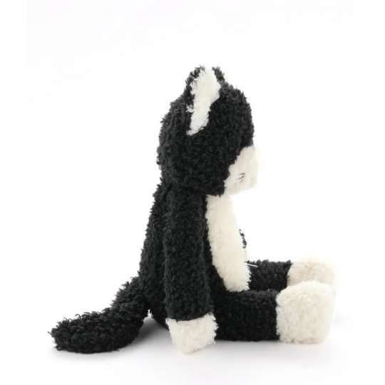 Black and white Jellycat Checkers plush cat toy with soft sheepskin fur