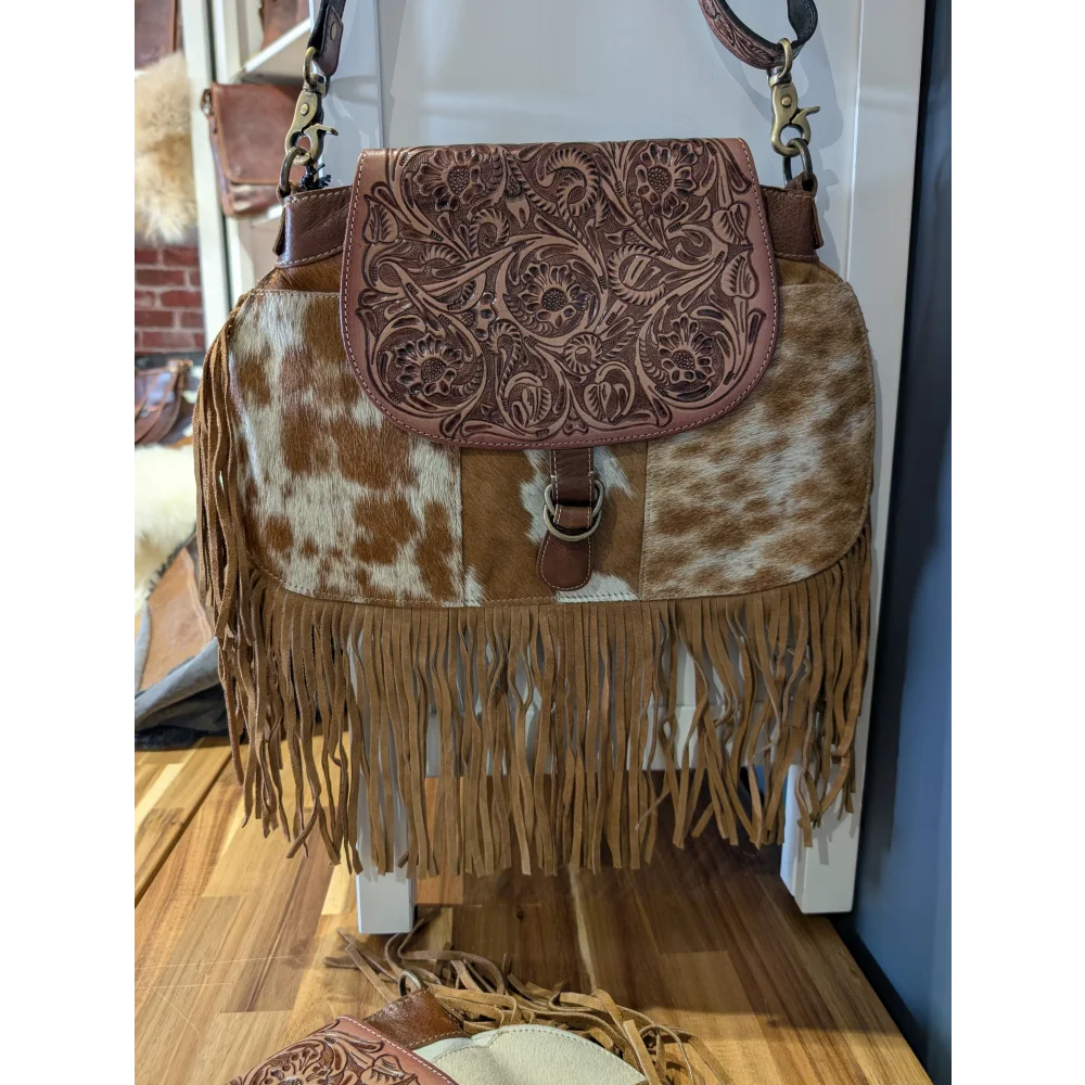 Classic Country Fringed hand-tooled leather bag with hair-on hide patchwork