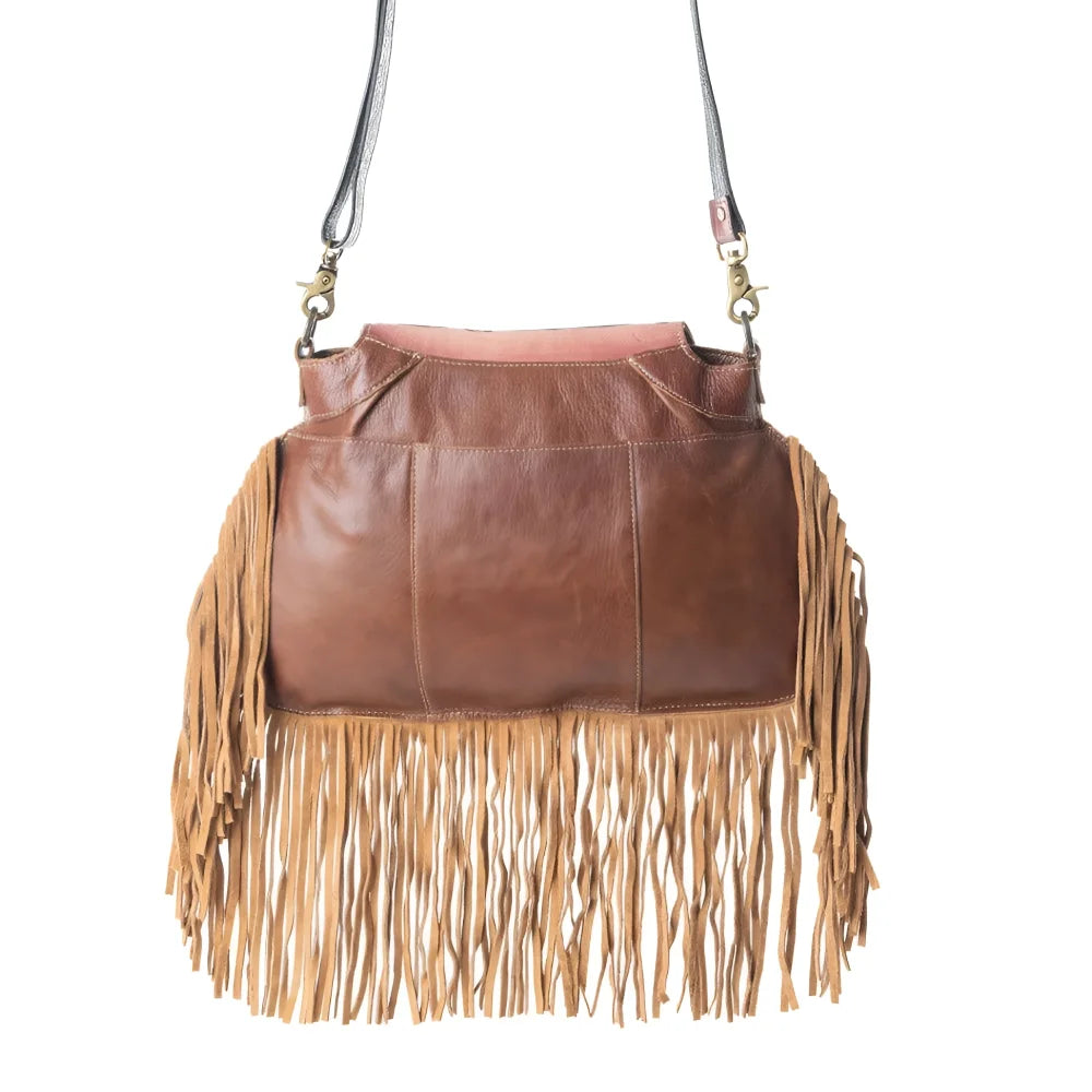 Classic country hand-tooled leather fringed crossbody bag