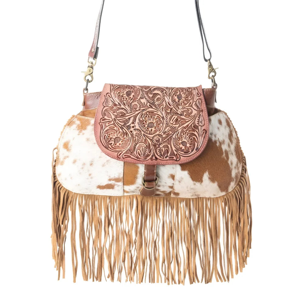 Classic country fringed hand-tooled bag with pink hair-on hide flap
