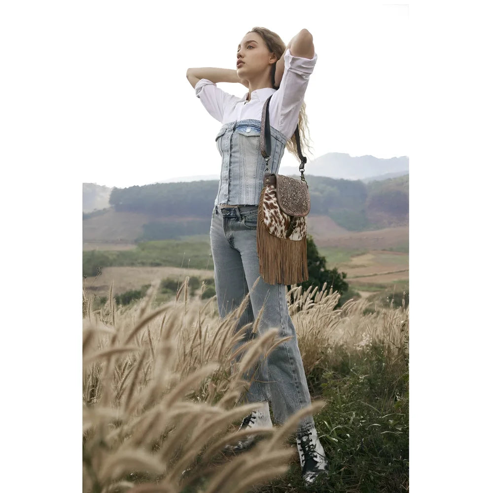 Classic Country hand-tooled leather fringed leopard-print crossbody bag