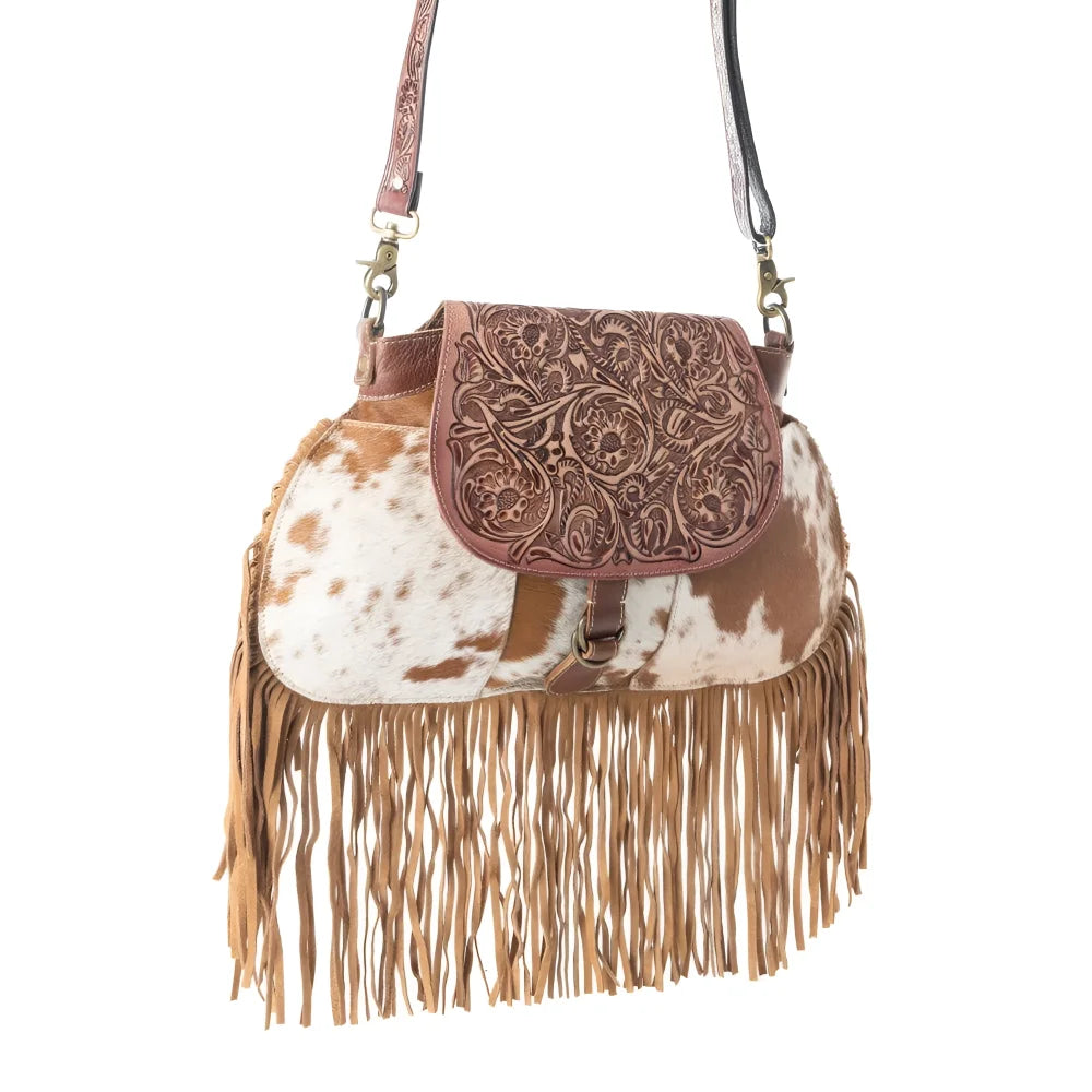 Classic Country hair-on hide fringed hand-tooled bag