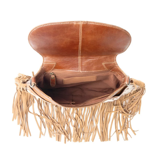Tan hair-on hide fringed hand-tooled leather crossbody bag back