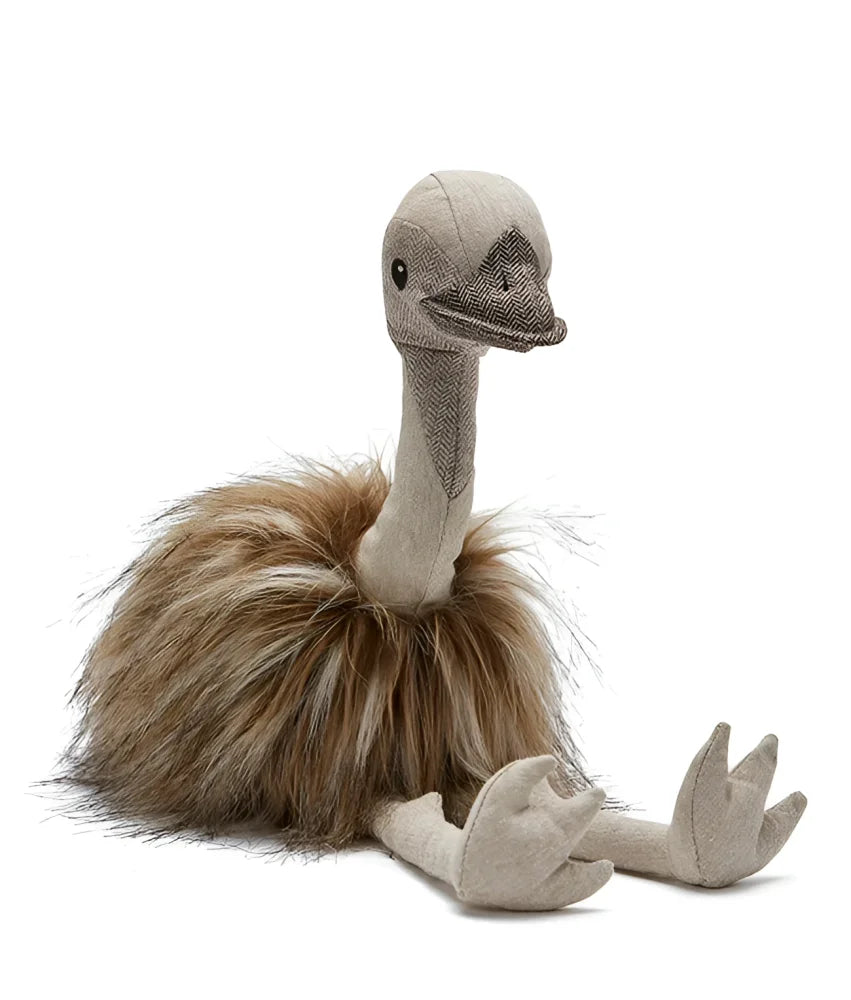 A clearance eddie the emu plush ostrich toy with beige textured fabric body and brown faux fur feathers