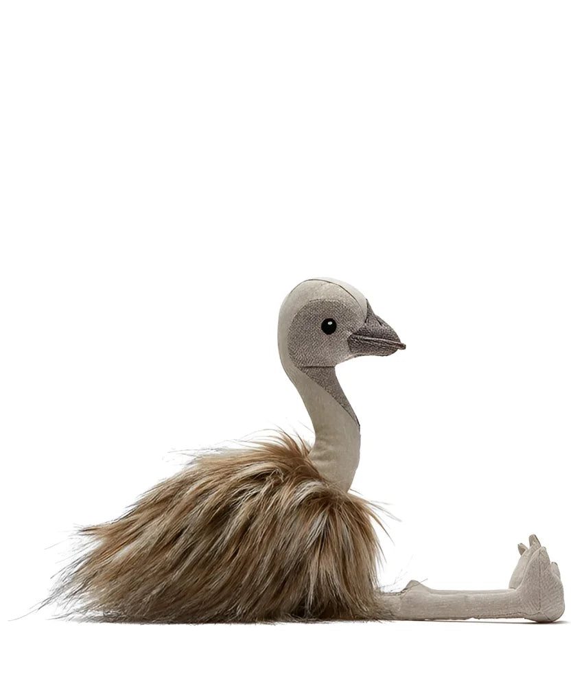 A clearance eddie the emu plush toy with a soft beige body long neck and fluffy brown feathers on its back