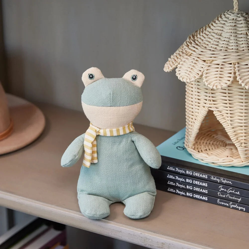 Clearance forest frog soft plush toy in light blue with cream belly black eyes and yellow white striped scarf