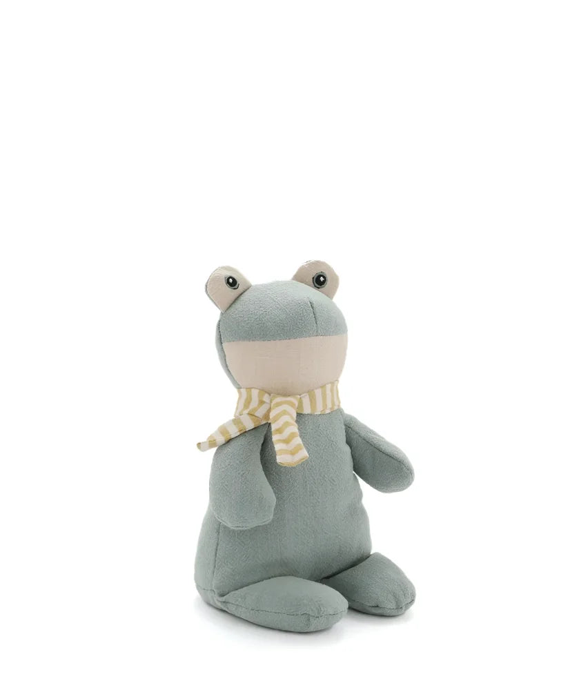 A soft sage green plush frog toy with cream belly and yellow striped scarf from clearance forest frog collection