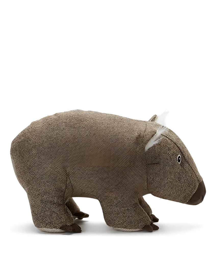 Clearance wally the wombat plush toy made of brown textured fabric with white whiskers and a dark brown nose