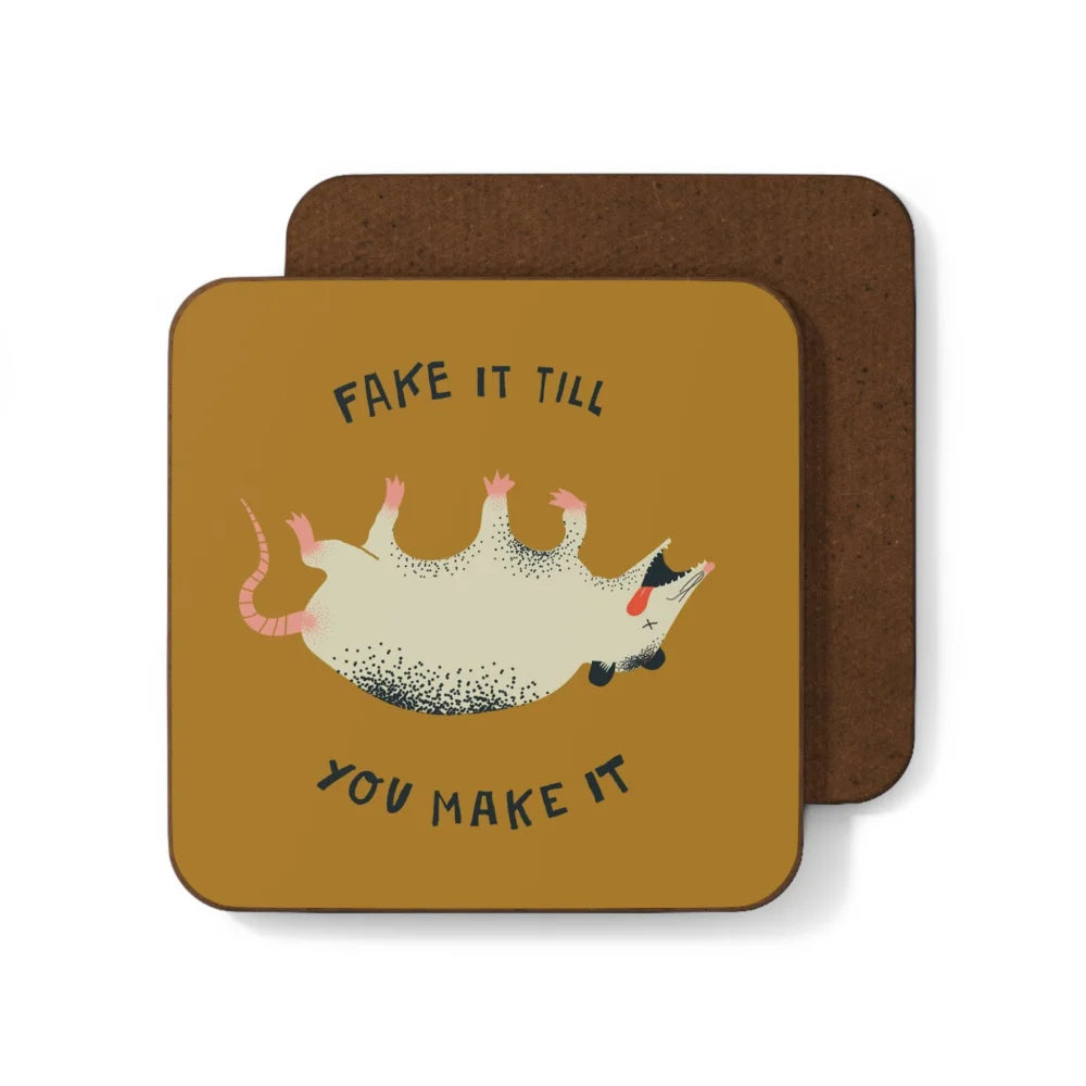 Angus Oliver brown sheepskin coaster with fake it till you make it mouse design