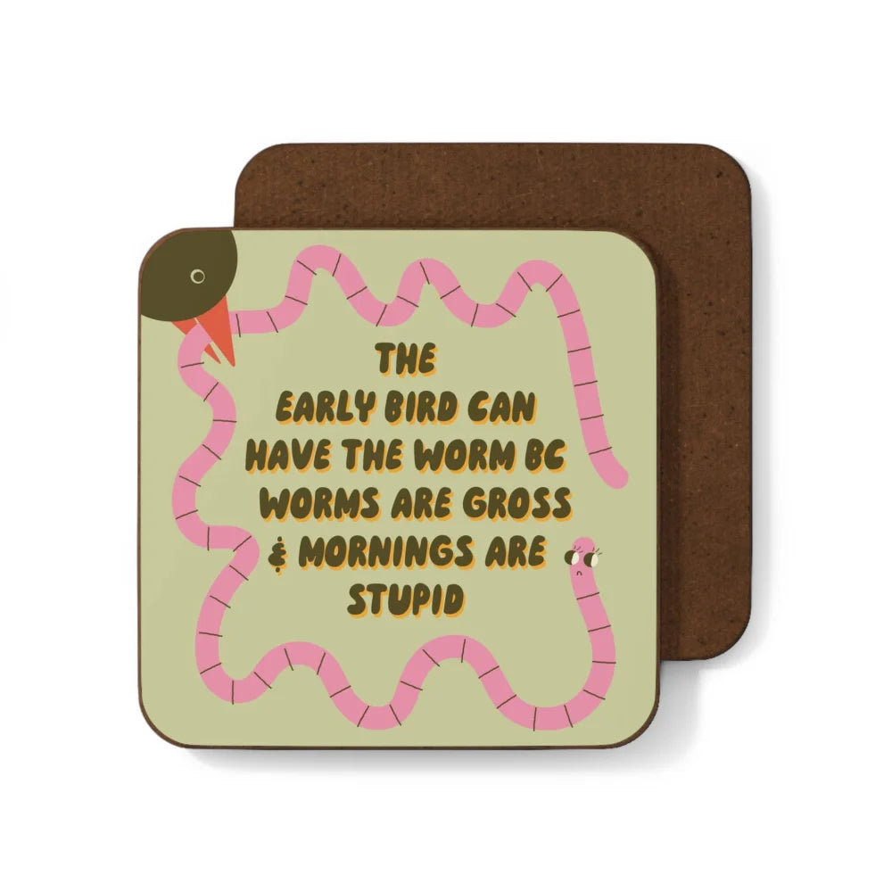 Grumpy Worm brown cork coaster with pink worm design by Angus Oliver