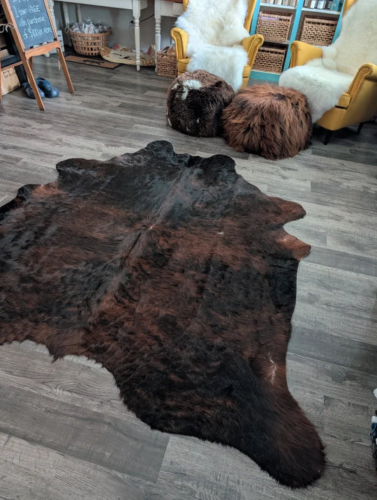 Large cowhide rug with rich dark brown and black colors and unique characteristics perfect for beautiful rugs lovers
