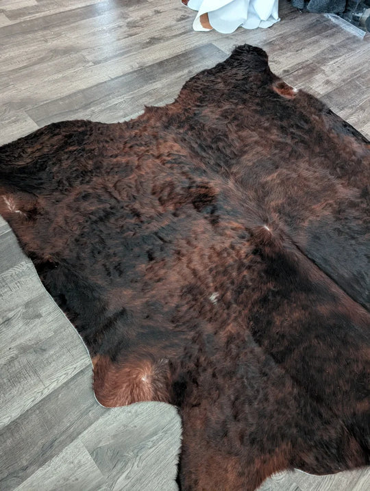 Large cowhide rug in rich dark brown with unique characteristics and natural textured fur perfect for beautiful rugs