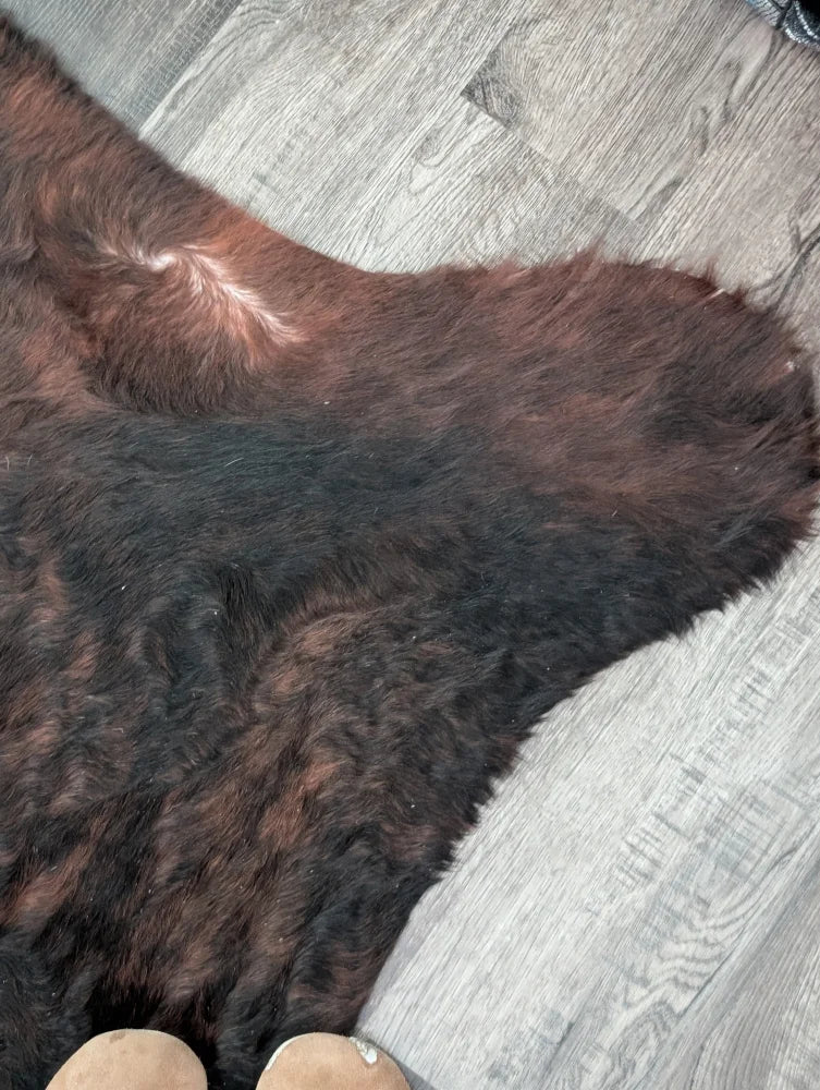 A large cowhide rug with beautiful brown and black fur showcasing unique characteristics on a gray wood floor