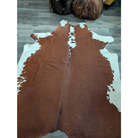 Large cowhide rug cow 5 with beautiful brown and white patterns showcasing unique characteristics and natural design