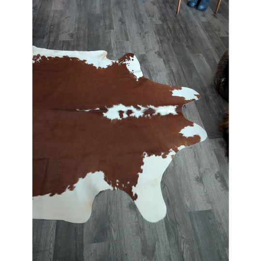 Large cowhide rug cow5 87 x 87 inches with beautiful brown and white natural fur texture and unique characteristics