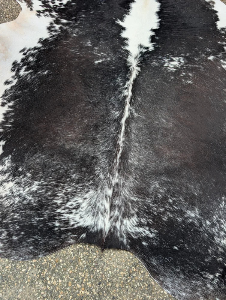 Large cowhide rug with black and white natural fur texture featuring unique characteristics for beautiful rugs