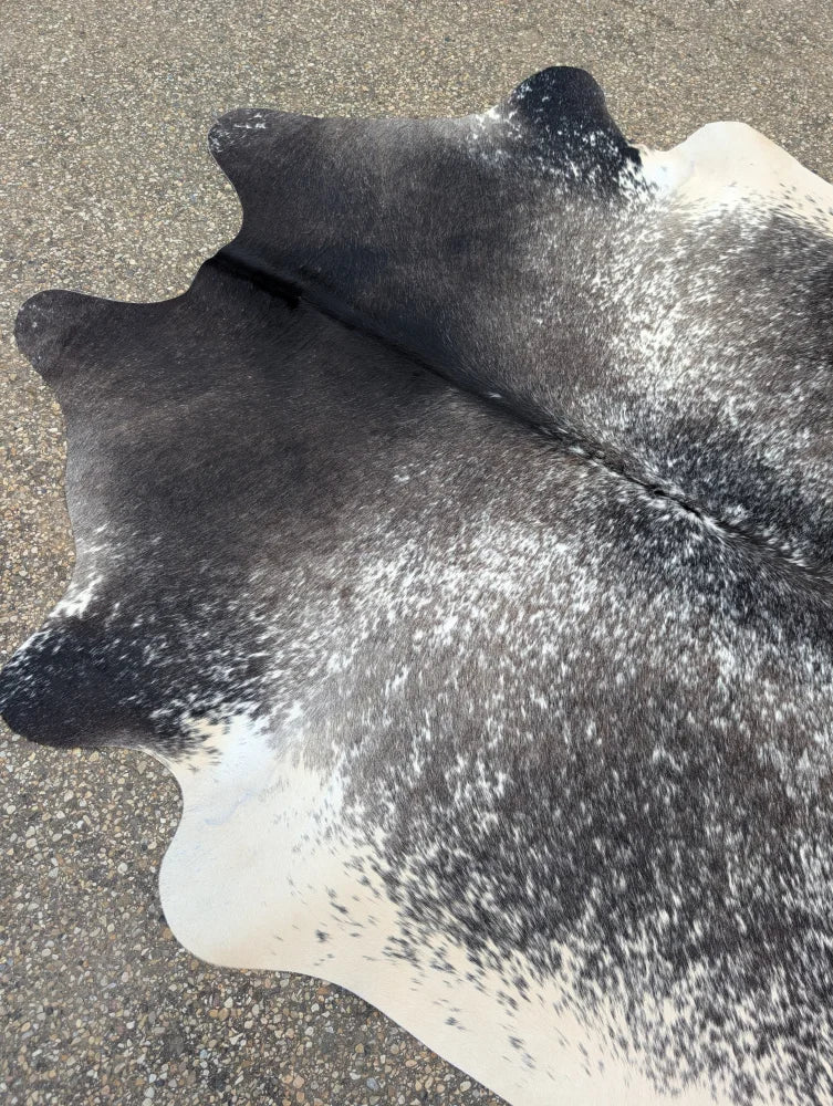 Extra large black and white speckled large cowhide rug with natural irregular edges and unique characteristics