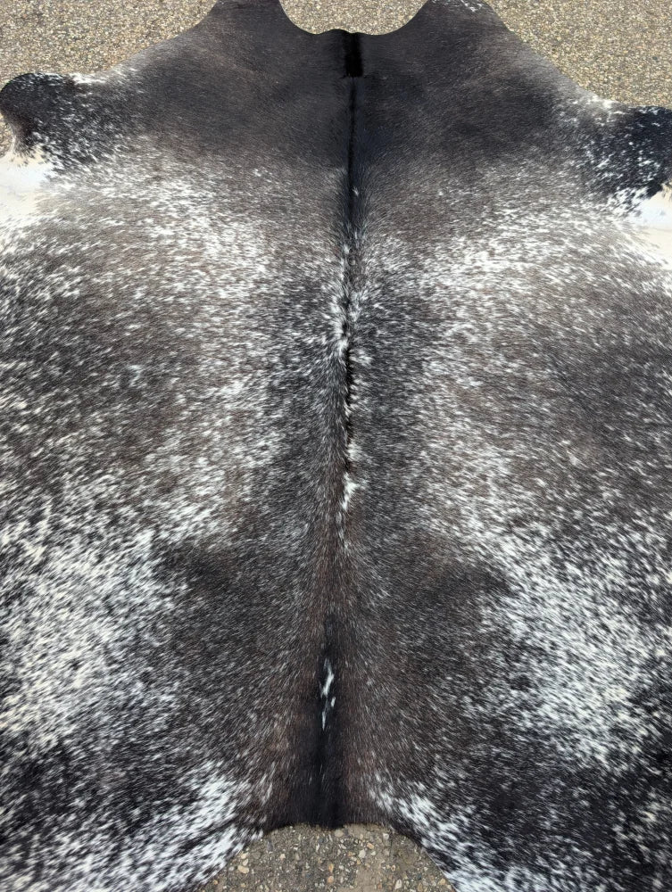 Extra large black and white speckled large cowhide rug with natural textured surface featuring unique characteristics