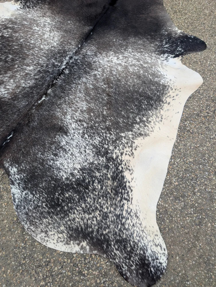 Extra large black and white speckled cowhide rug with natural edges showcasing unique characteristics for beautiful rugs
