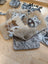 Cowhide keychain card holders with faux fur cow pattern and gray white speckled leather flap for card holders