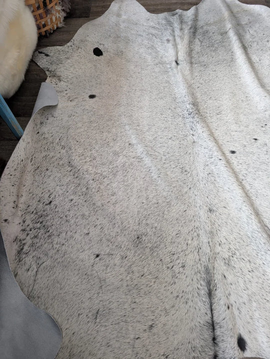 Massive 93x87 Angus Oliver cowhide rug, black white speckled Canada