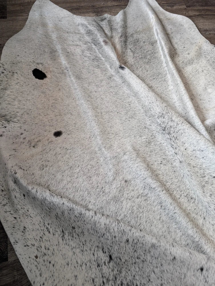 Massive 93x87 Angus Oliver cowhide rug, white black speckled, Canada