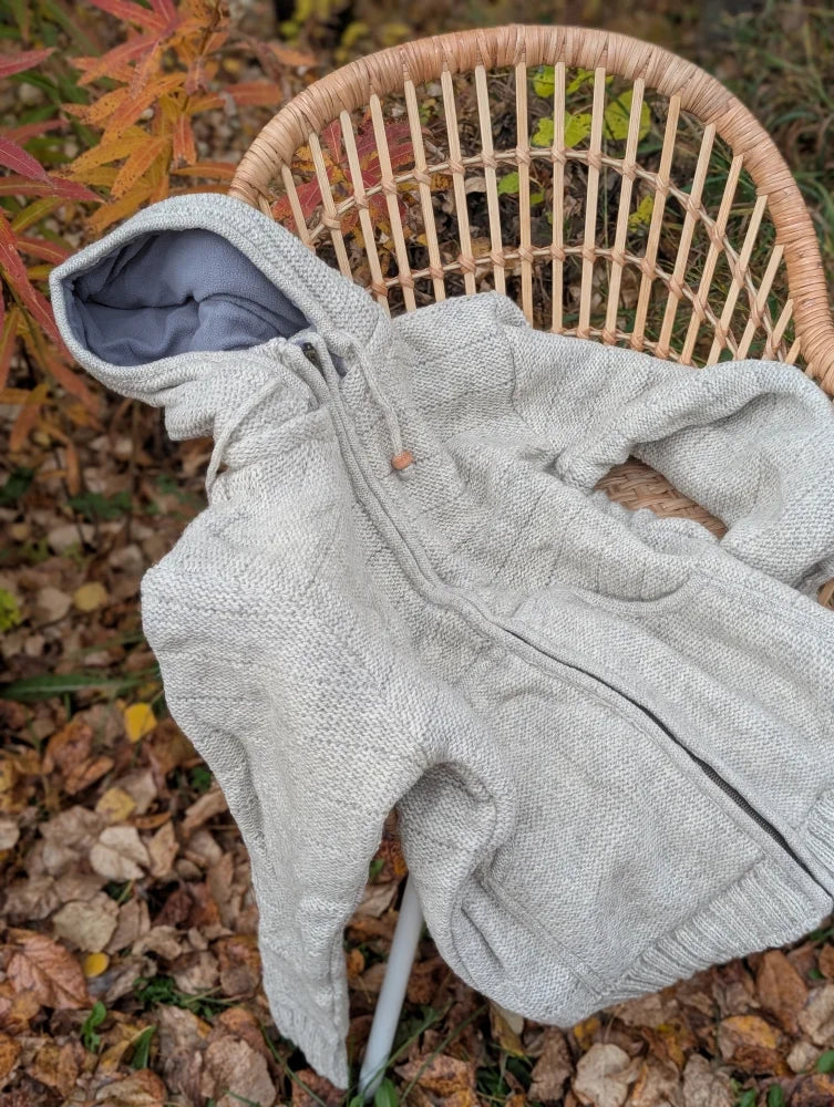 Cream woolen calgary cardigan soft fleece zip-up hoodie light gray with dark blue lining and wooden toggles made from zealand wool