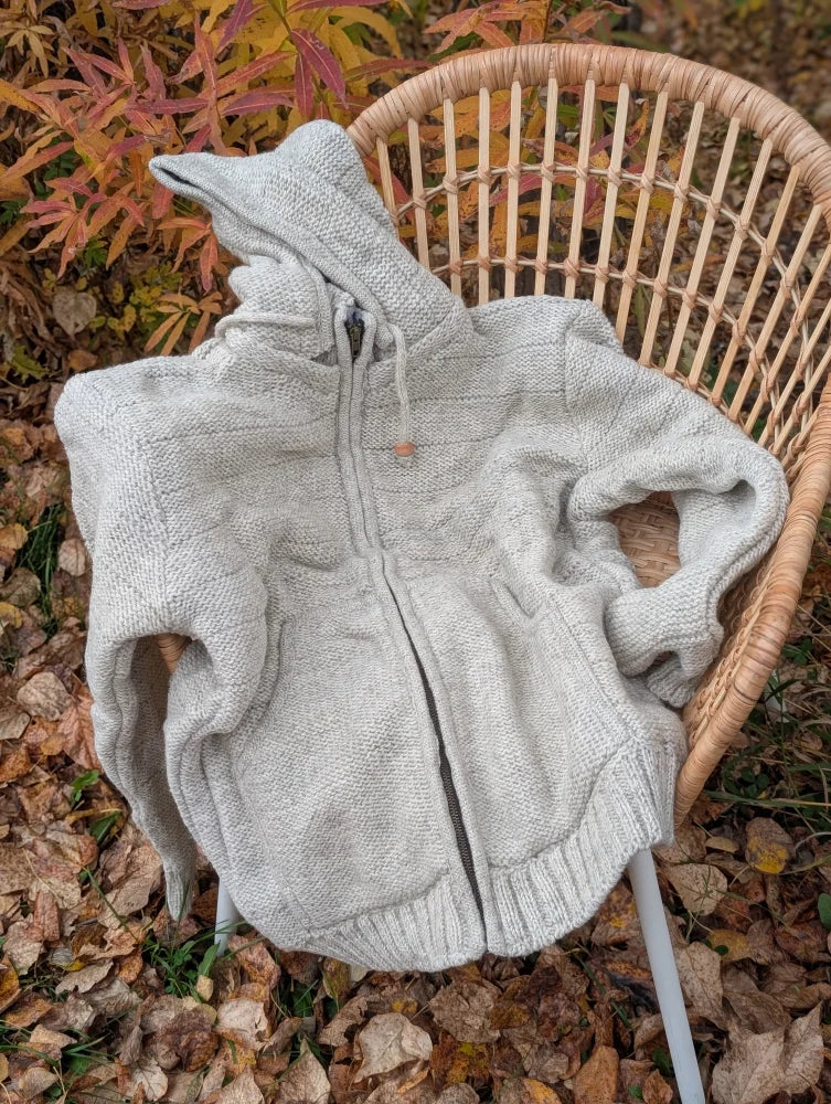 Cream woolen calgary cardigan soft fleece light gray knitted zip-up hoodie with textured pattern and ribbed cuffs