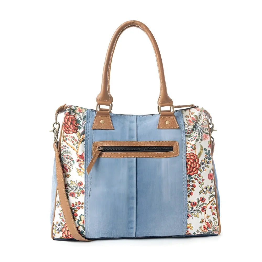 Crimson Glade tote in upcycled denim with floral canvas panels