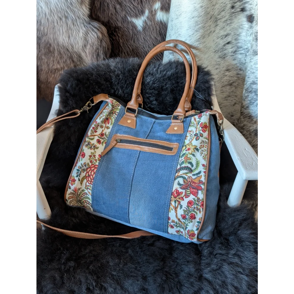 Crimson Glade tote in upcycled denim with floral canvas panels