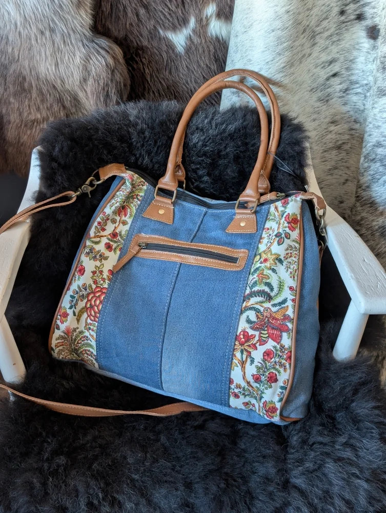 Crimson Glade tote in upcycled denim with floral canvas panels