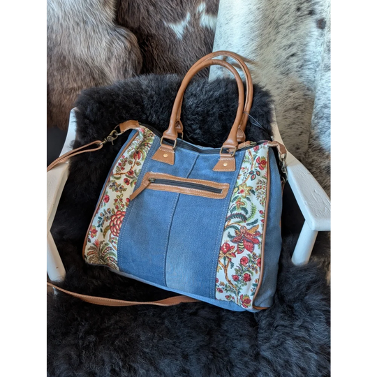 Crimson Glade tote in upcycled denim with floral canvas panels