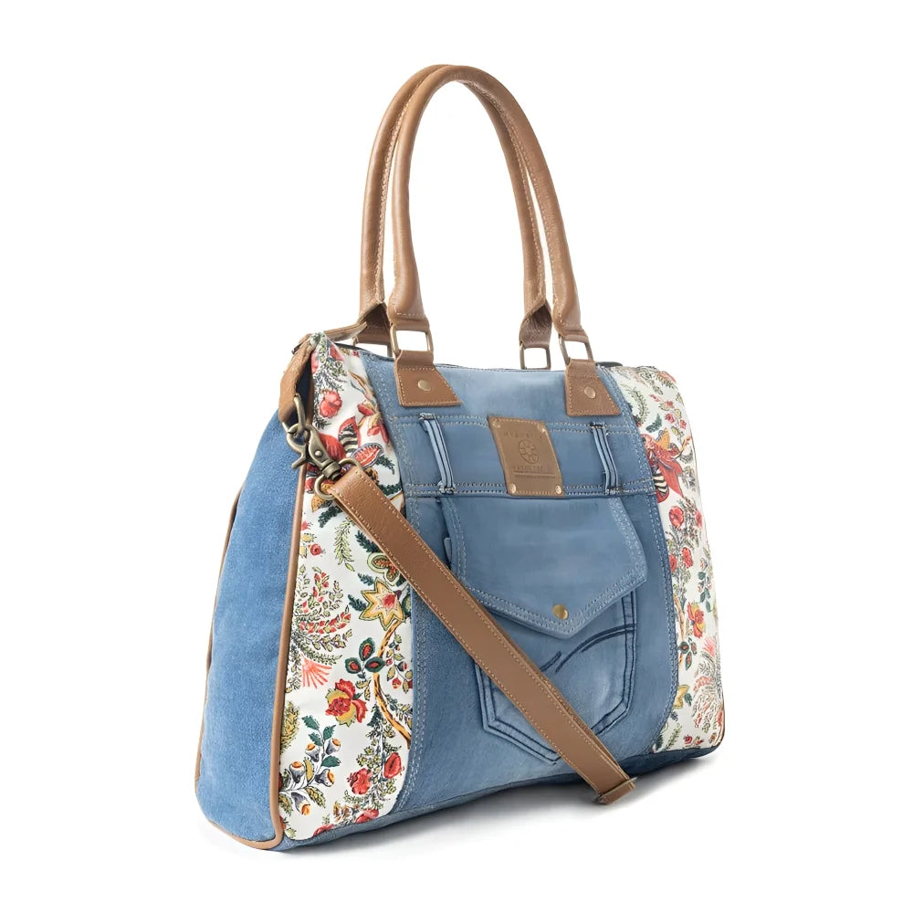 Crimson Glade tote in upcycled denim, floral canvas patchwork, leather handles