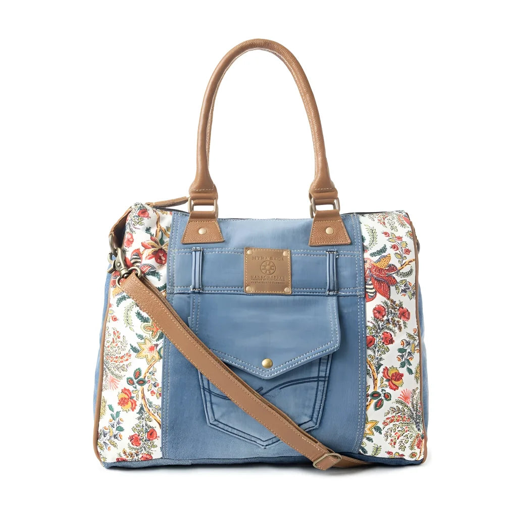 Crimson Glade Tote in upcycled denim floral patchwork with leather handles