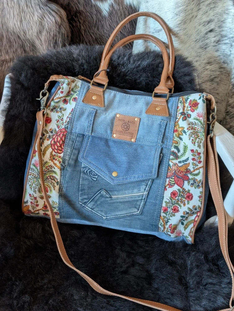 Crimson Glade tote bag: upcycled denim patchwork with floral canvas panels