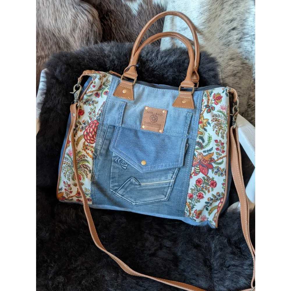 Crimson Glade tote bag: upcycled denim patchwork with floral canvas panels
